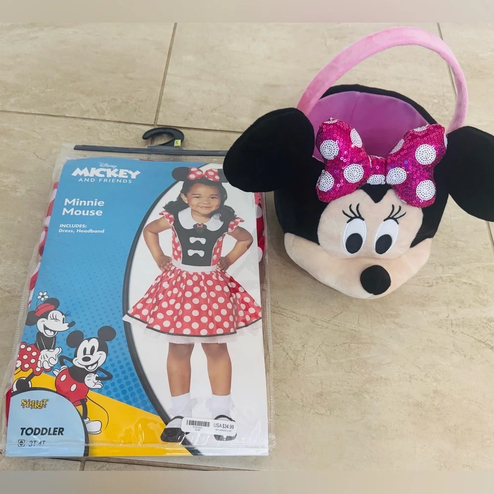 Disney Toddler Minnie Mouse Red Dress and Disney Minnie Mouse Bucket